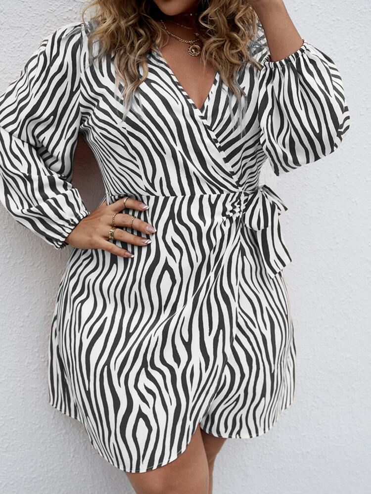 Plus Zebra Stripe Knot Side Wrap Dress | SHEIN