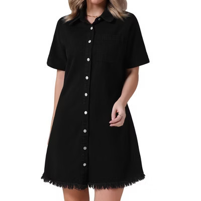 INSPIRE CHIC Women's Denim Button Front Frayed Hem Collared Short Sleeve Jean Shirt Dress Black Small | Target