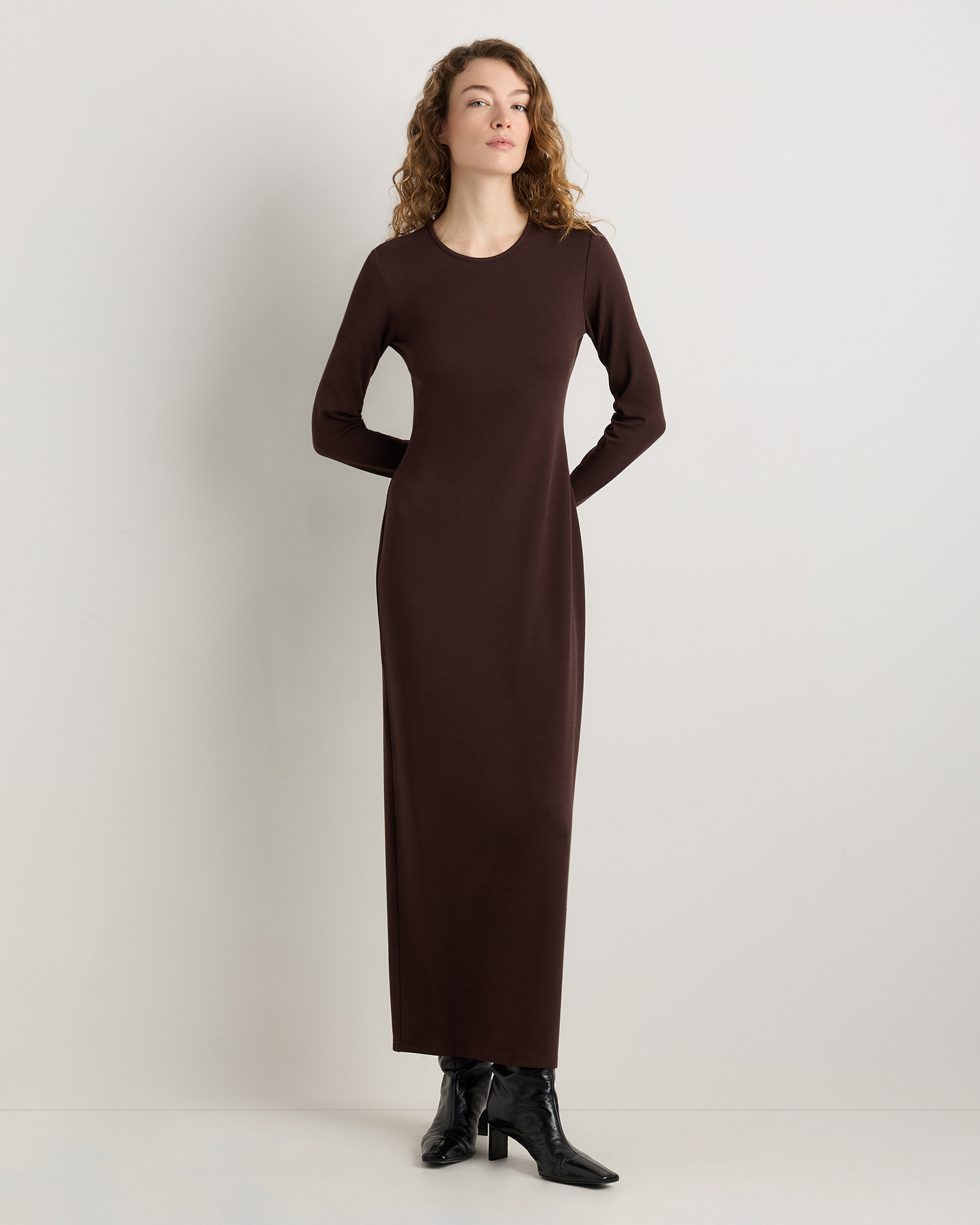 Quince | Women's Long Sleeve Knit Maxi Dress in Coffee Bean Brown, Size XS, Tencel | Quince