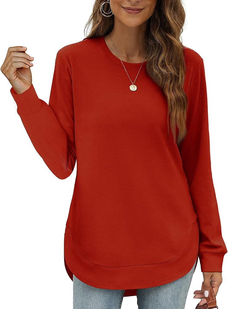 OFEEFAN Womens Sweatshirt Crewneck Long Sleeve Shirts for Women High Low Tops Curved Hem | Amazon (US)