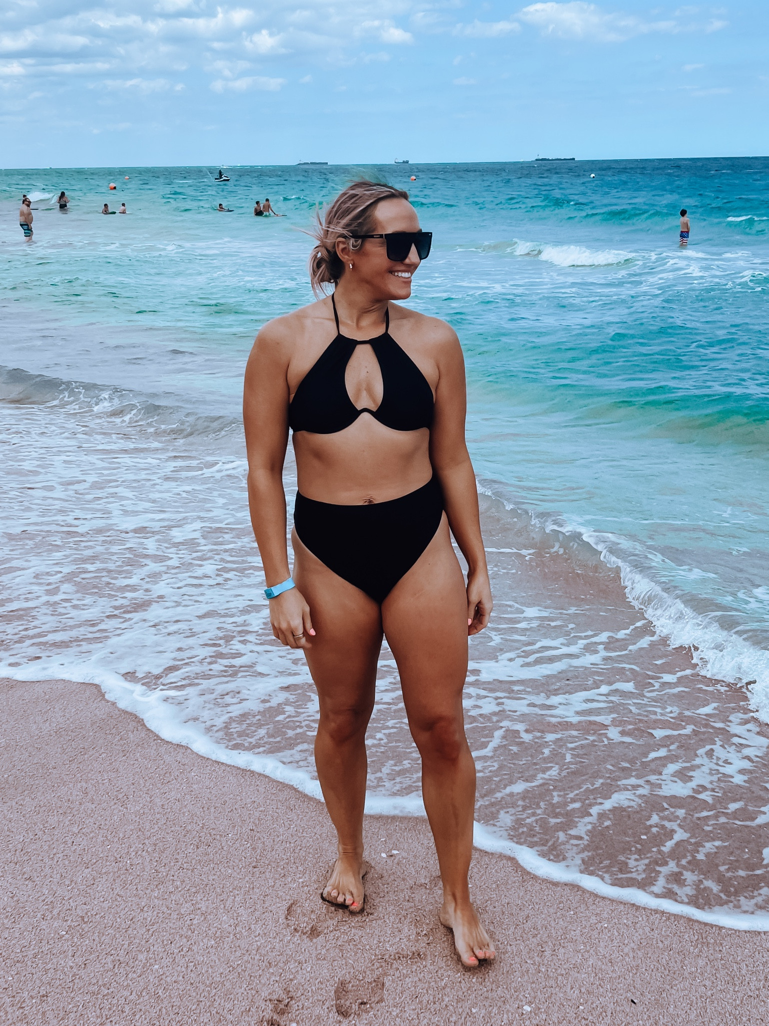 Black bikini, high neck bikini, halter bikini, two piece bathing suit, swim wear, summer bathing suit, cheap bathing suit, sunglasses, quay sunglasses, black sunglasses, inspired by designer sunglasses, Tory Burch sandals

#LTKfindsunder50 #LTKtravel #LTKswim