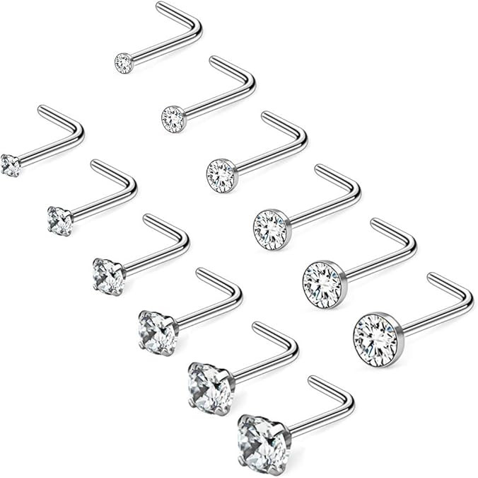 Ruifan 20G 1.5mm 2mm 2.5mm 3mm 3.5mm 4mm Opal Clear Diamond CZ Nose L Shaped Studs Rings Piercing... | Amazon (US)