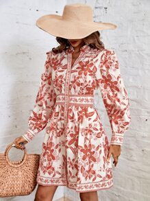 Allover Floral Print Bishop Sleeve Button Up Dress SKU: sw2206255547898309(99 Reviews)Trending - ... | SHEIN