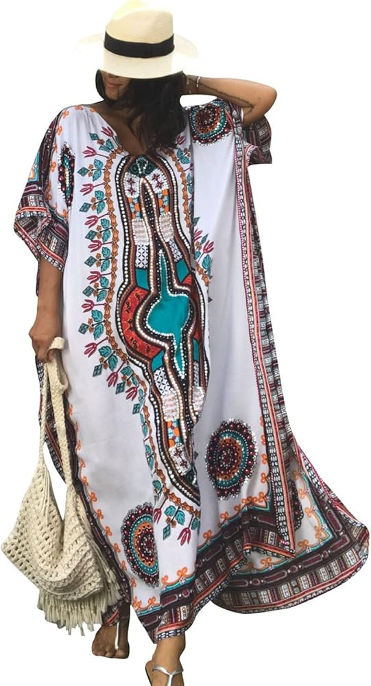 SMUDGE Life Women's White Ethnic Print Kaftan Maxi Dress Summer Beach Dress | Amazon (US)