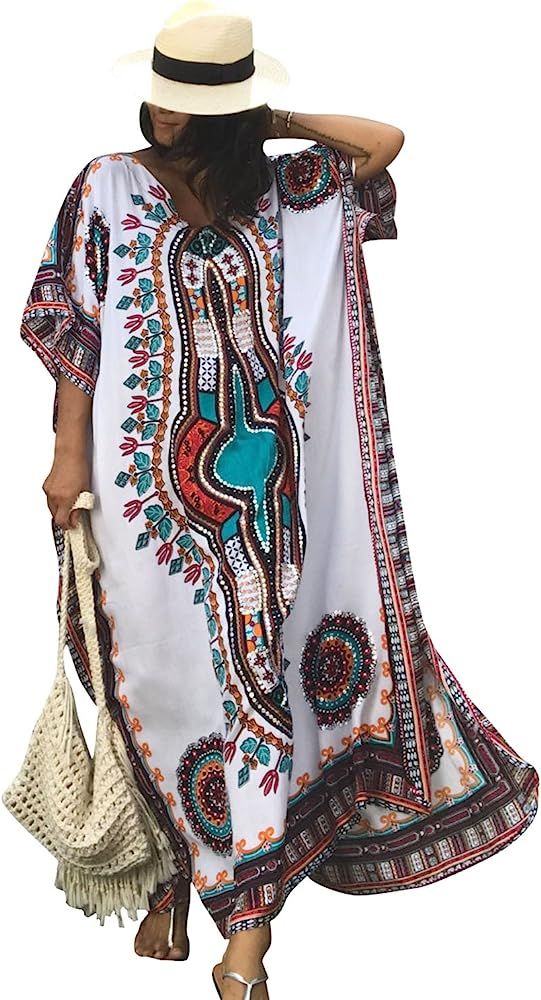 SMUDGE Life Women's White Ethnic Print Kaftan Maxi Dress Summer Beach Dress | Amazon (US)
