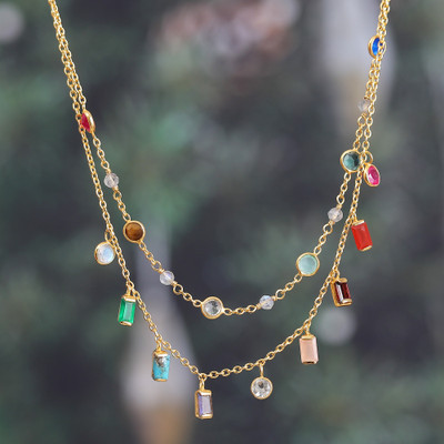 18k Gold-Plated Multi-Gemstone Charm Strand Necklace | NOVICA