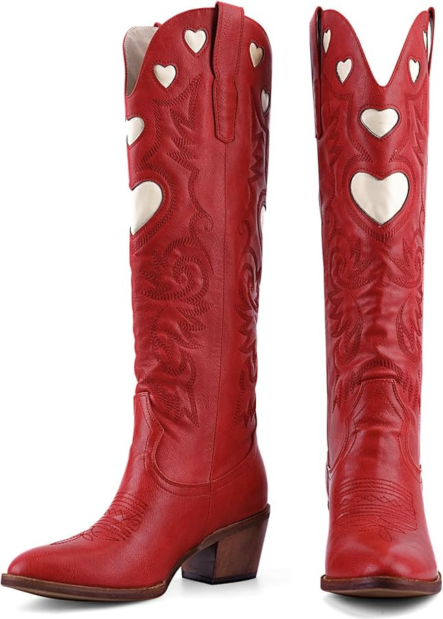 Cowboy Boots for Women Wide Calf Round Toe Chunky Stacked Heel Knee High Cowgirl Boot Heart Patte... | Amazon (US)