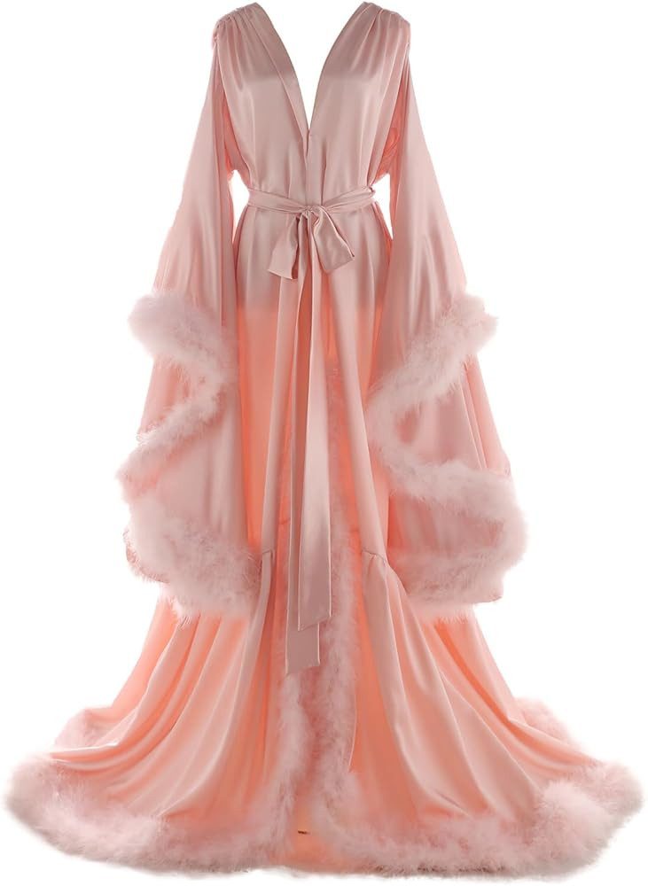 Women's Feather Bridal Robes Old Hollywood Maternity Photoshoot Nightgown Silk Bathrobe Long Ling... | Amazon (US)
