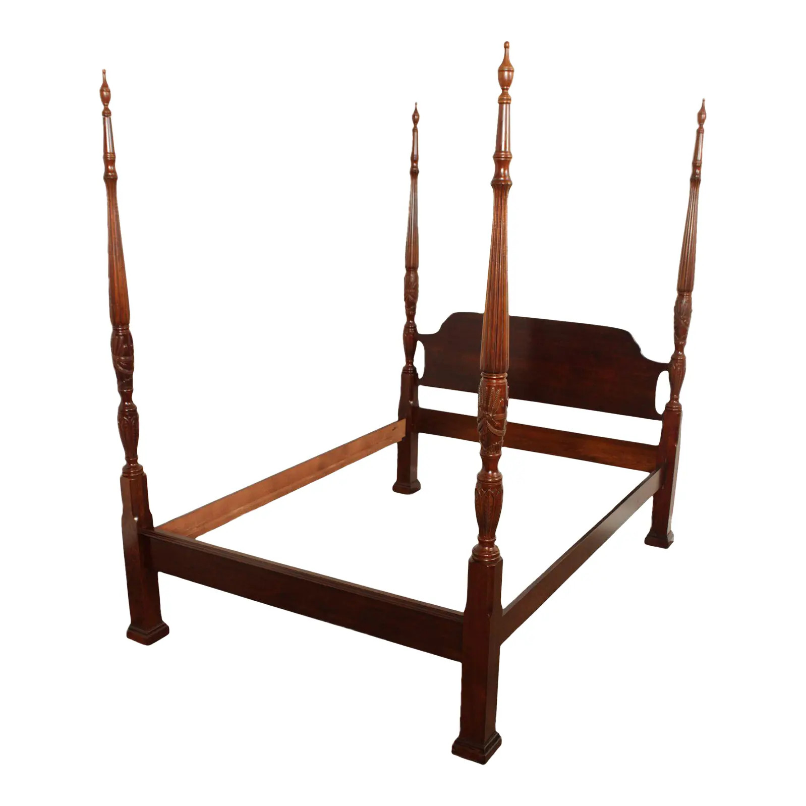 1990s Queen Size Rice-Carved Cherry Poster Bed Frame | Chairish