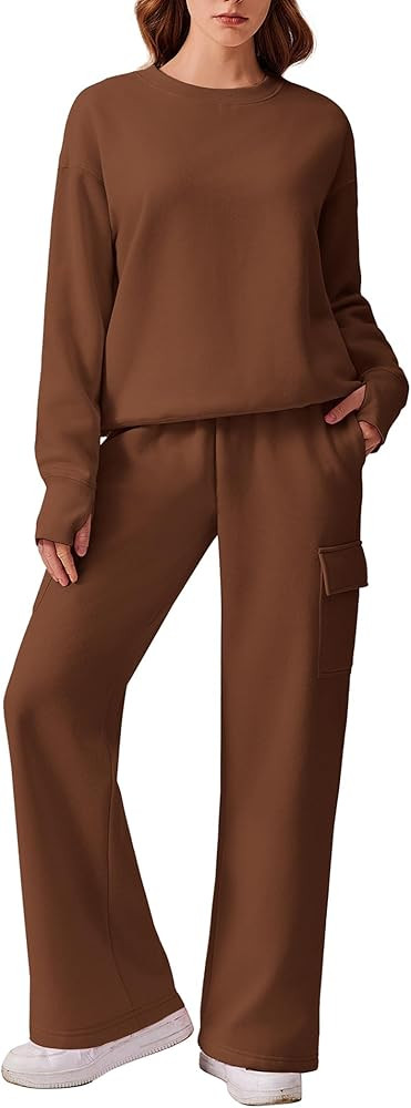 PINSPARK 2 Piece Sets for Women 2025 Fleece Sweatsuits Oversized Sweatshirts Wide Leg Cargo Sweat... | Amazon (US)
