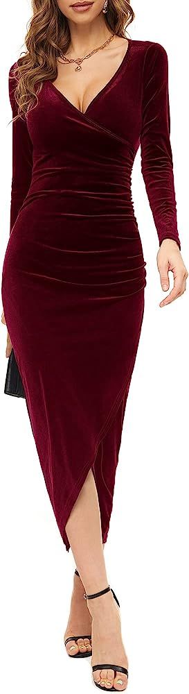 VENSTINA Womens Sexy Velvet Wrap Bodycon Maxi Dress Long Sleeve V Neck Ruched Cocktail Dress | Amazon (US)