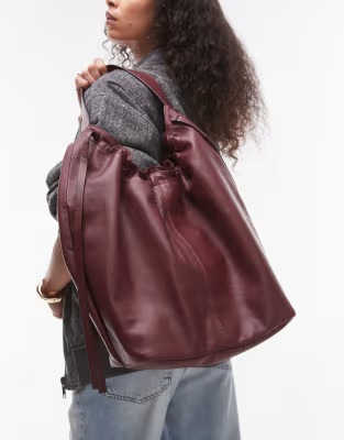 Topshop Lennox leather tote with ruche detail in burgundy | ASOS (Global)