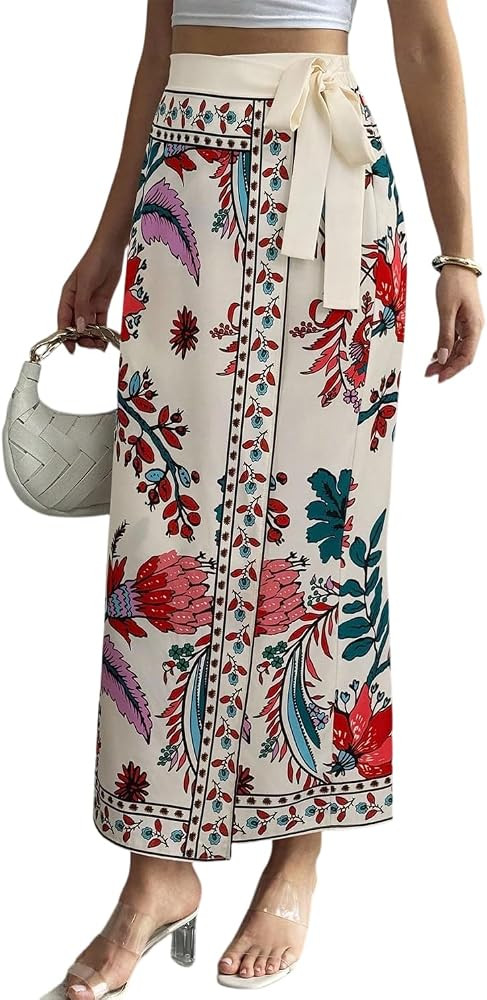 Womens Floral Wrap Midi Skirt Summer Adjustable Tie Side Casual High Waist A Line Beach Boho Long... | Amazon (US)