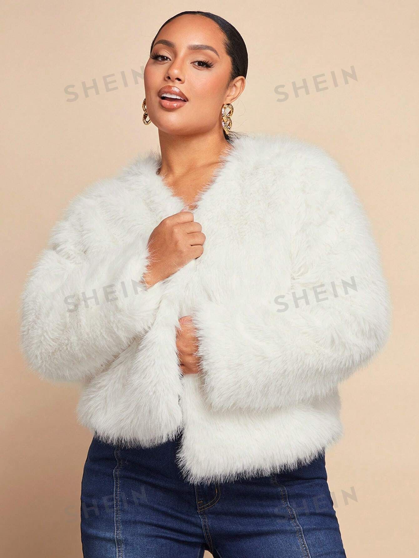 SHEIN BAE Party Plus-size White Plush Coat, New Year's Eve Costume | SHEIN