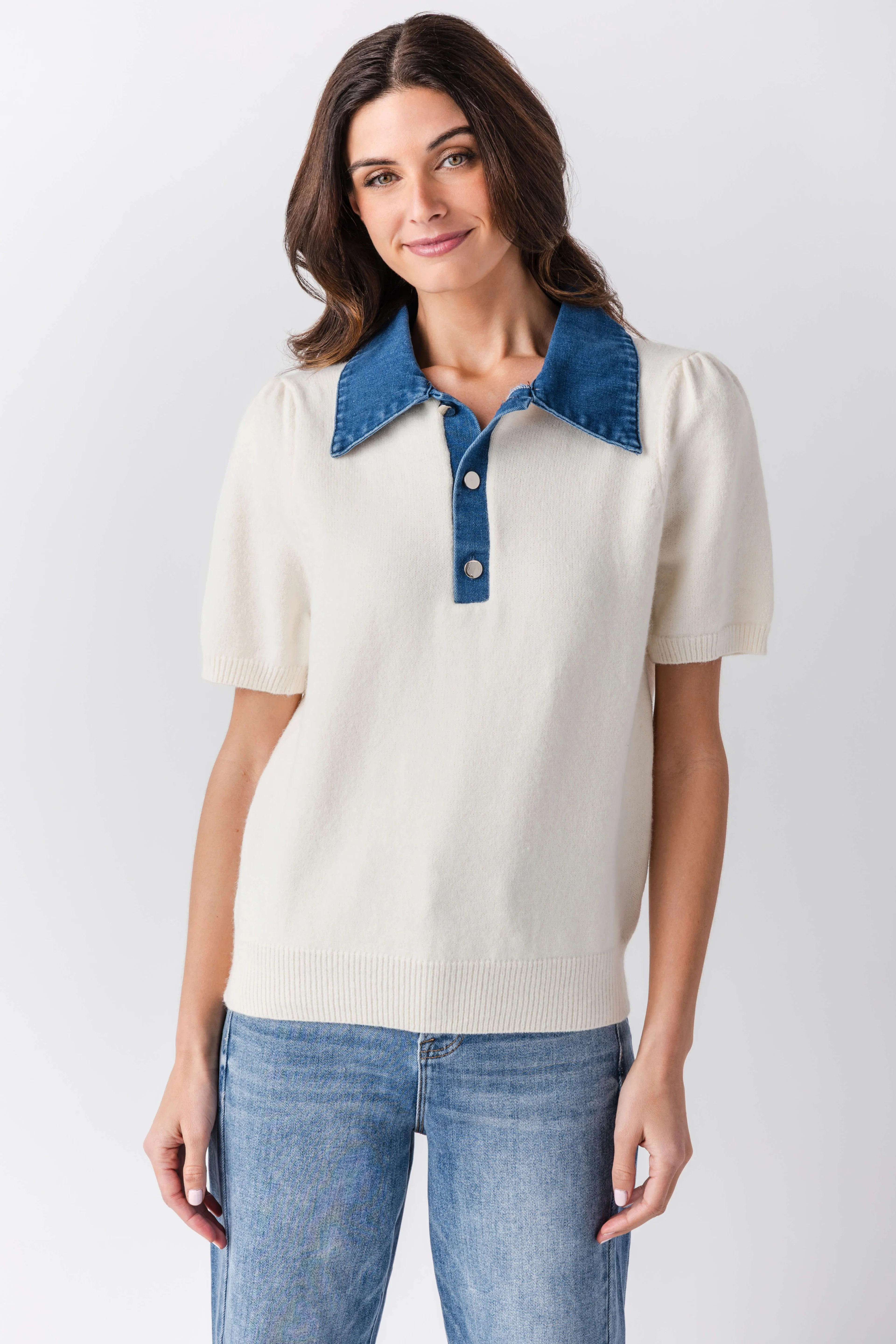 Urban Daisy Denim Collar Polo Top | Social Threads
