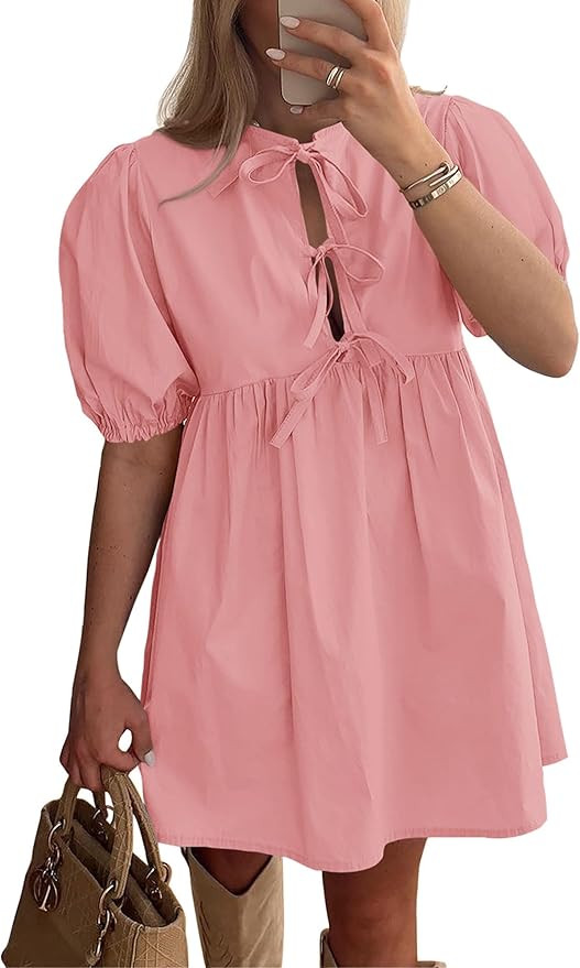 PRETTYGARDEN Womens Summer Casual Short Sleeve Dresses A Line Bow Tie Front Babydoll Loose Cute M... | Amazon (US)