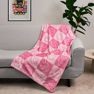 Yoobi SmileyWorld 50"x60" Faux Shearling Smiley Checkered Blanket Printed Pink | Target