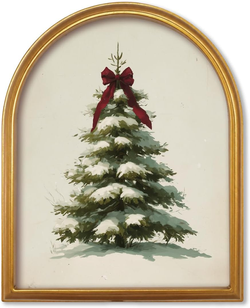 TwoDays Vintage Christmas Tree 11" x 13.8" Gold Arched Framed Wall Art | Amazon (US)