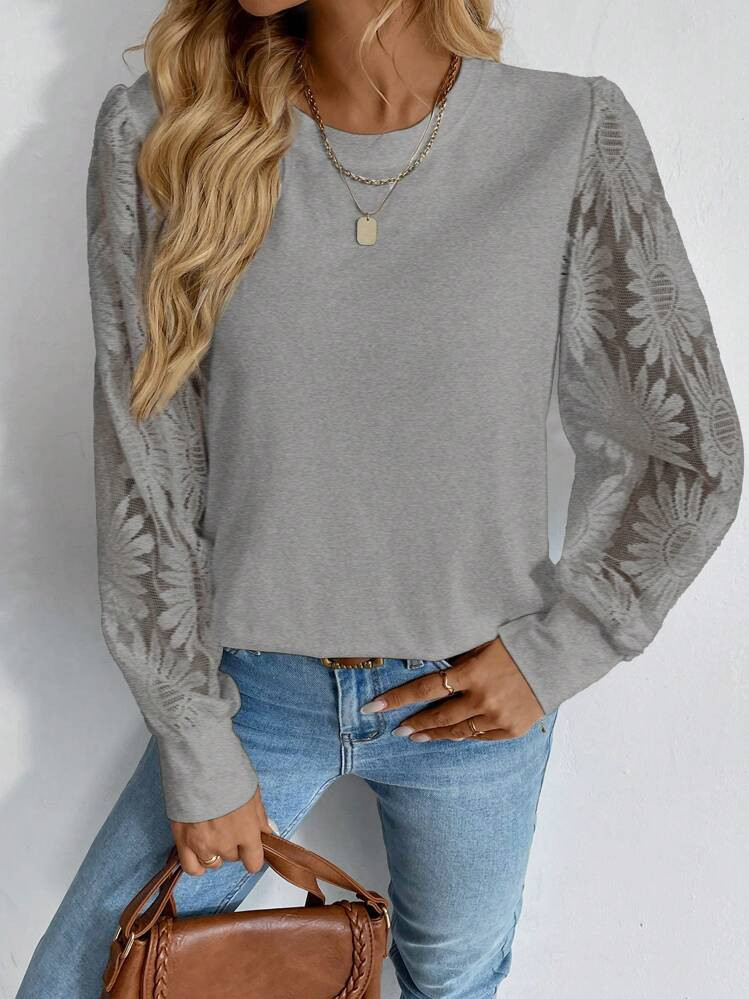 SHEIN LUNE Women White Round Neck Contrast Lace Casual Blouse | SHEIN