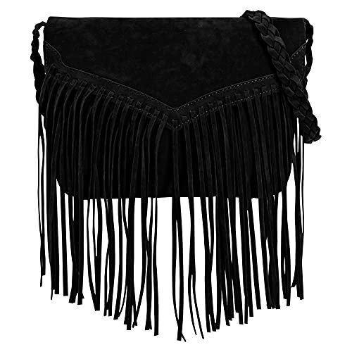 Suede Crossbody Bag with Fringe Vintage Tassel Purse Messenger Bag for Women Girls, Black | Amazon (US)