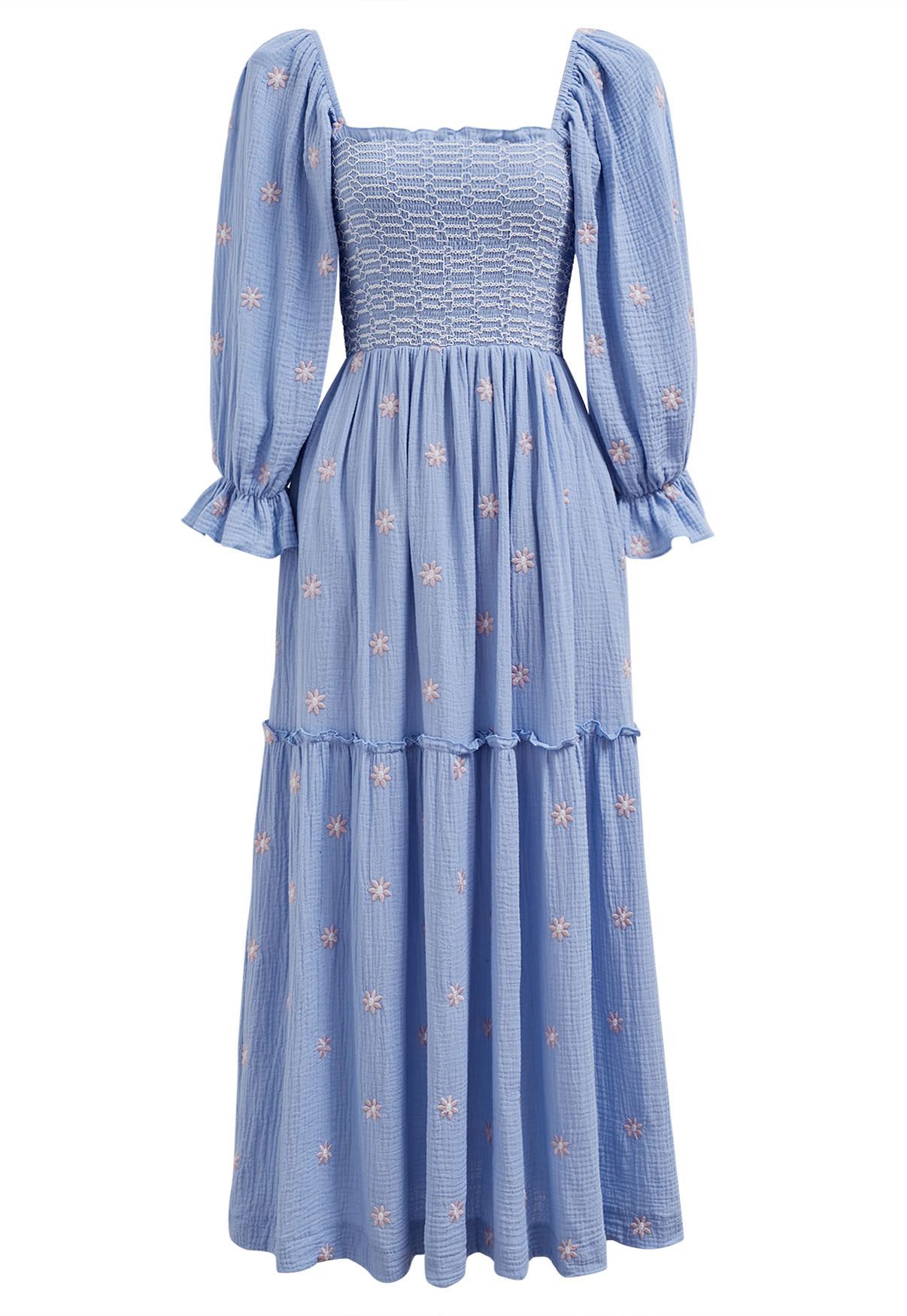 Floret Embroidery Square Neck Midi Dress in Blue | Chicwish