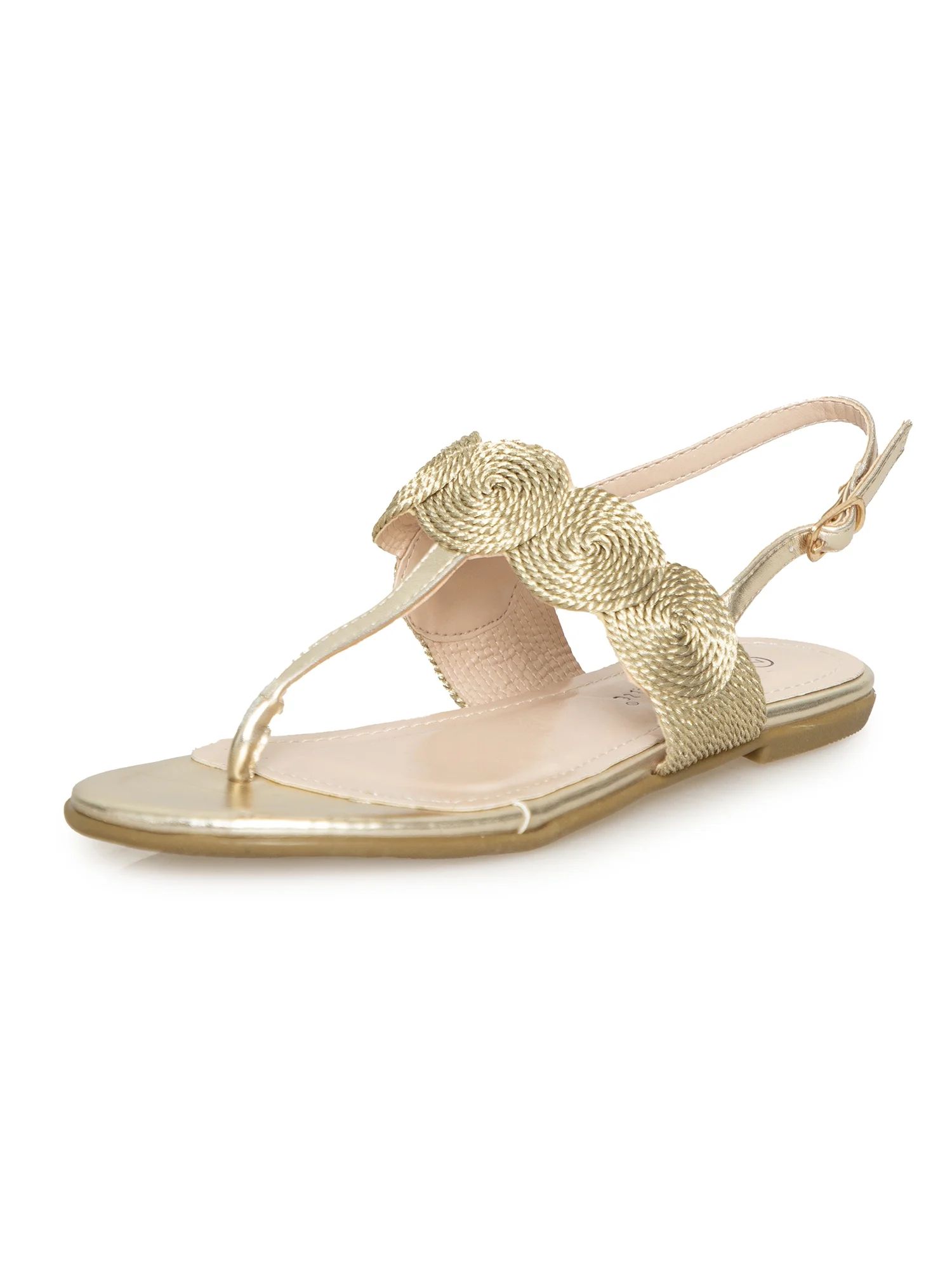 Metallic Braided T-strap Women's Flat Sandal in Gold - Walmart.com | Walmart (US)