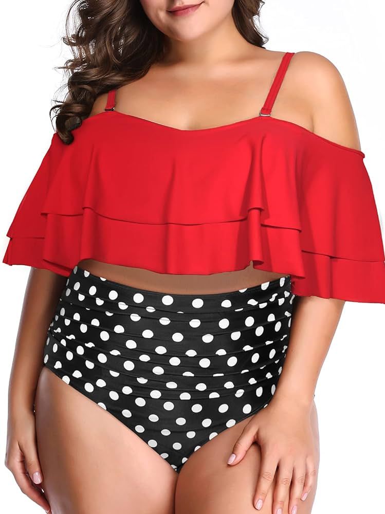 Daci Women Plus Size Two Piece Bikini Off Shoulder Swimsuits with High Waisted Bottom Ruffle Bathing | Amazon (US)