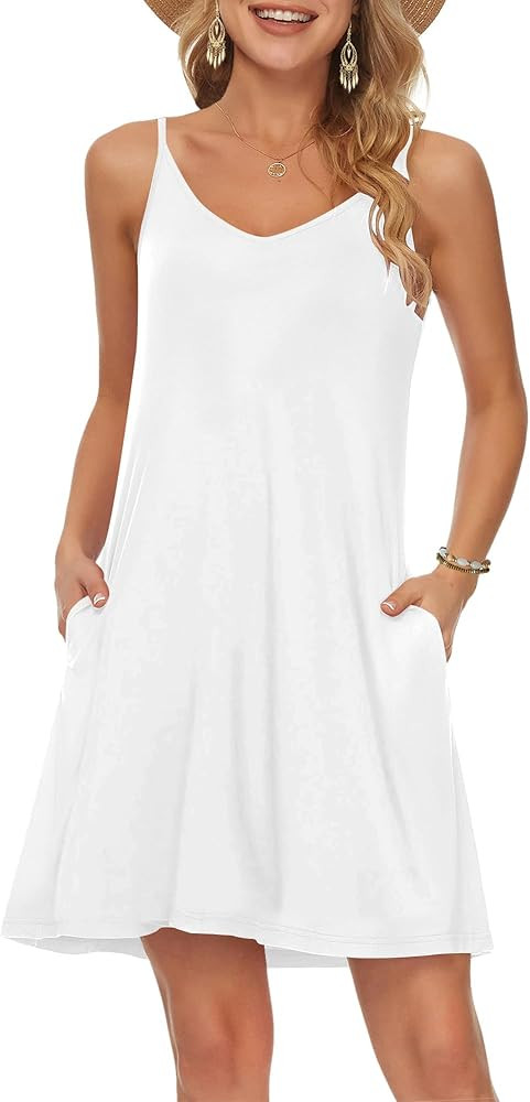 MISFAY Women's Summer Spaghetti Strap Casual Swing Tank Beach Cover Up Dress with Pockets | Amazon (US)