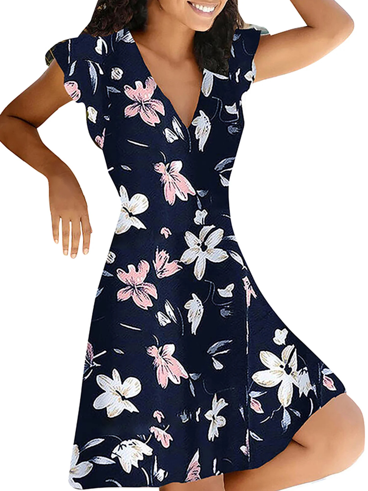 LilyLLL Womens Short Sleeve V Neck Summer Holiday Floral Mini Dress | Walmart (US)