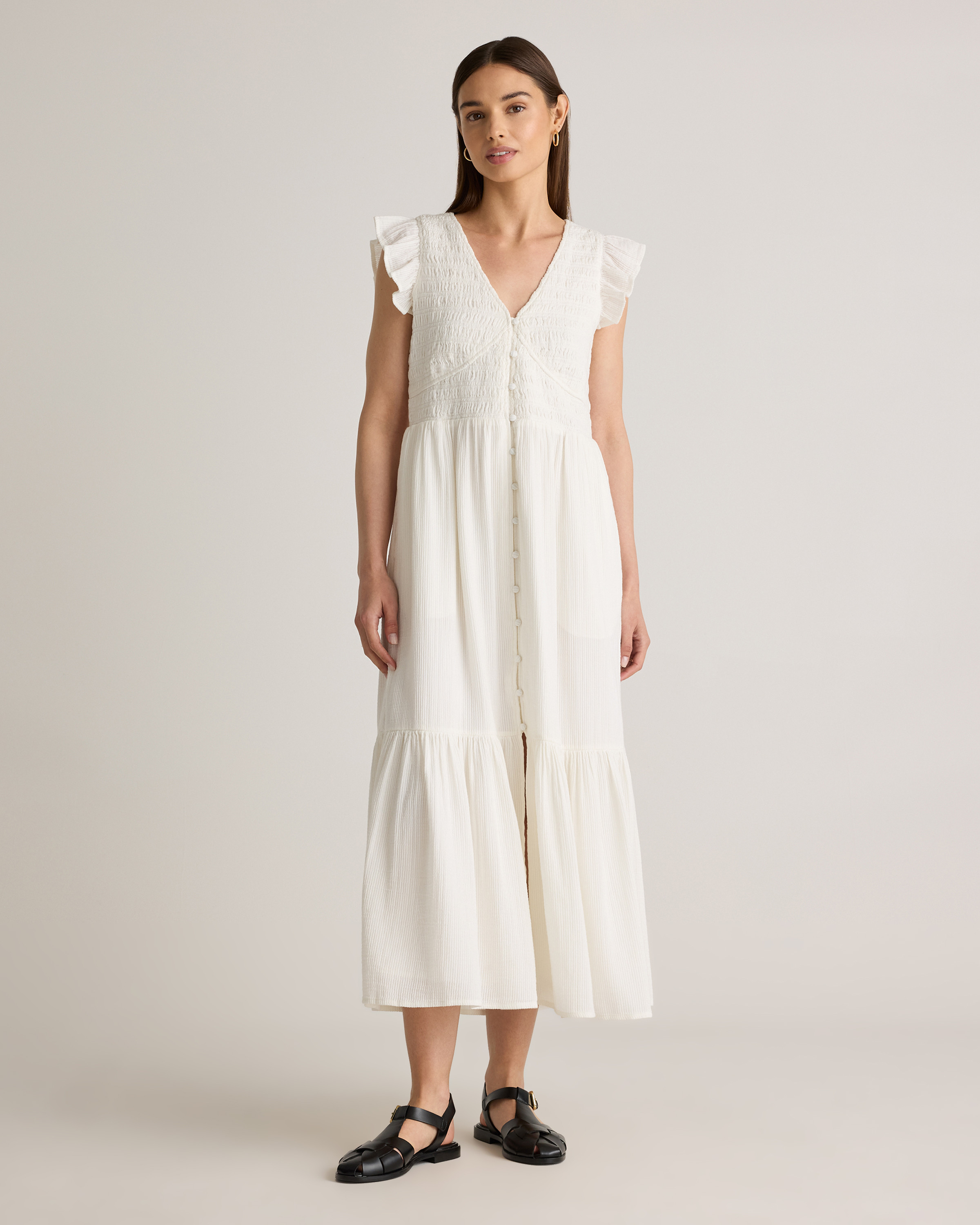 Organic Textured Cotton Smocked V-Neck Midi Dress in White | Quince