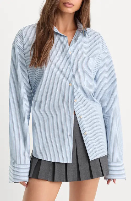 Good American The Poplin Easy Striped Cotton Shirt in Summer Sky Stripe at Nordstrom, Size X-Large | Nordstrom
