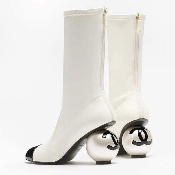 Chanel White Leather Mid Calf Boots with Pearl Heel 25k Collection - Sz 37.5 NEW | Poshmark