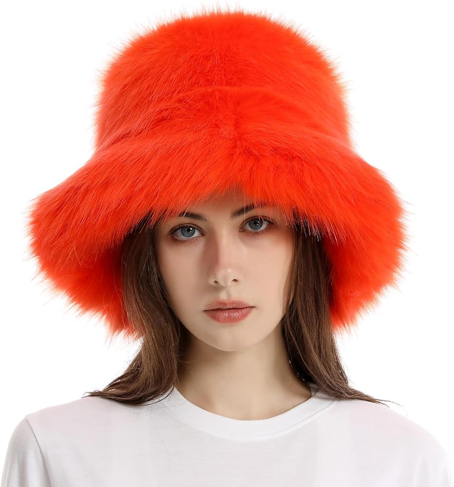 Fuzzy Bucket Hat for Women Winter Fluffy Furry Plush Faux Fur Hats Rainbow Cute Women's Bucket Ha... | Amazon (US)