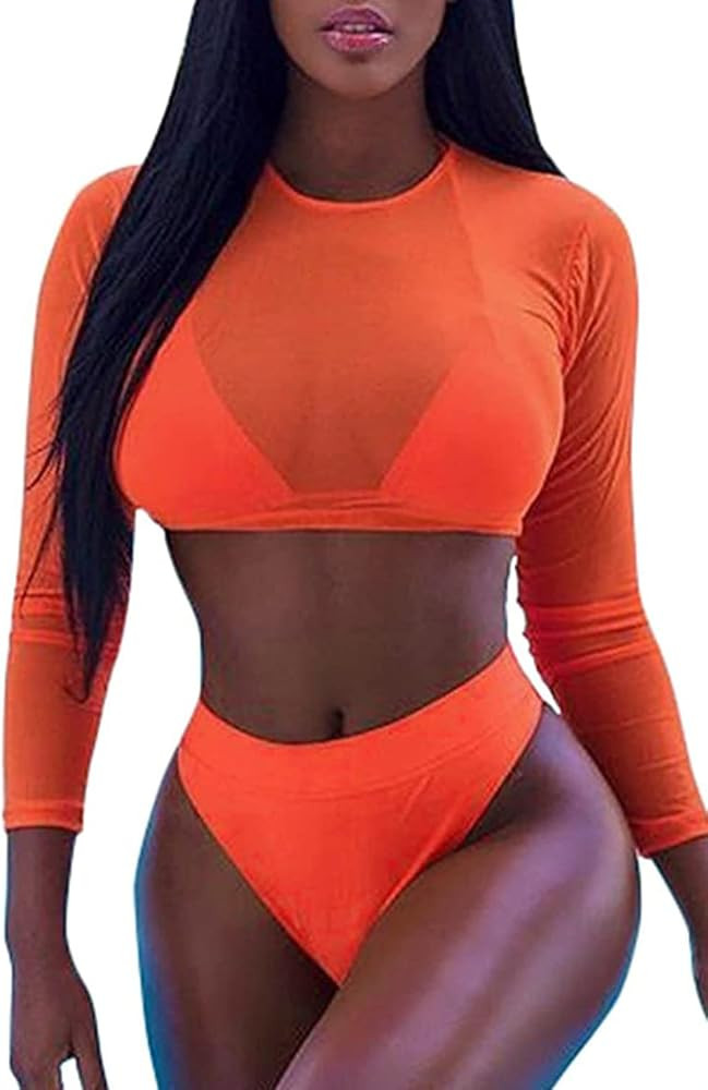 ALBIZIA Women's Triangle High Waist Bikini Set Swimsuit with Mesh Cover up High Cut Swimwear | Amazon (US)