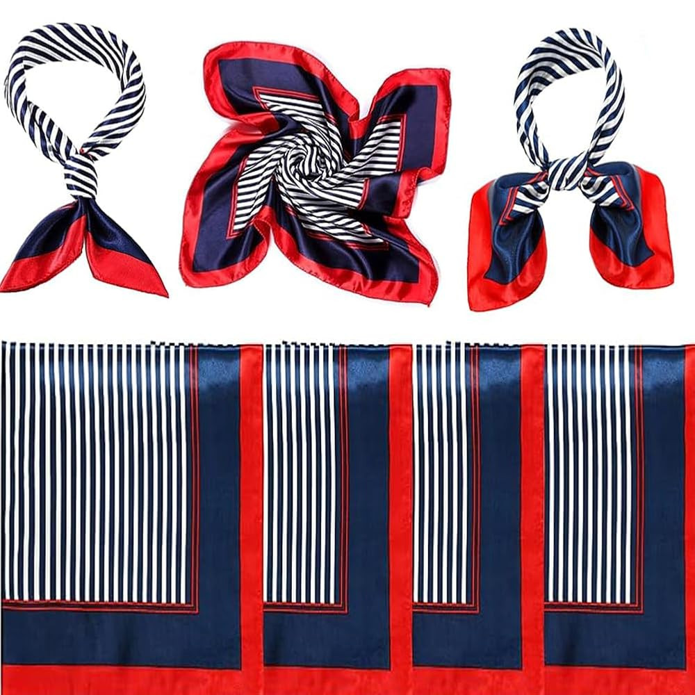 4-Piece Women's Sailor Scarf Set - Red, White & Blue Striped - 23.6 Inch Square - Polyester - Han... | Amazon (US)