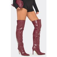 Sentinel Pointed Toe Stiletto Heel Over The Knee Thigh High Boots In Burgundy Faux Leather, Women's Size UK 6 | EGO (UK)