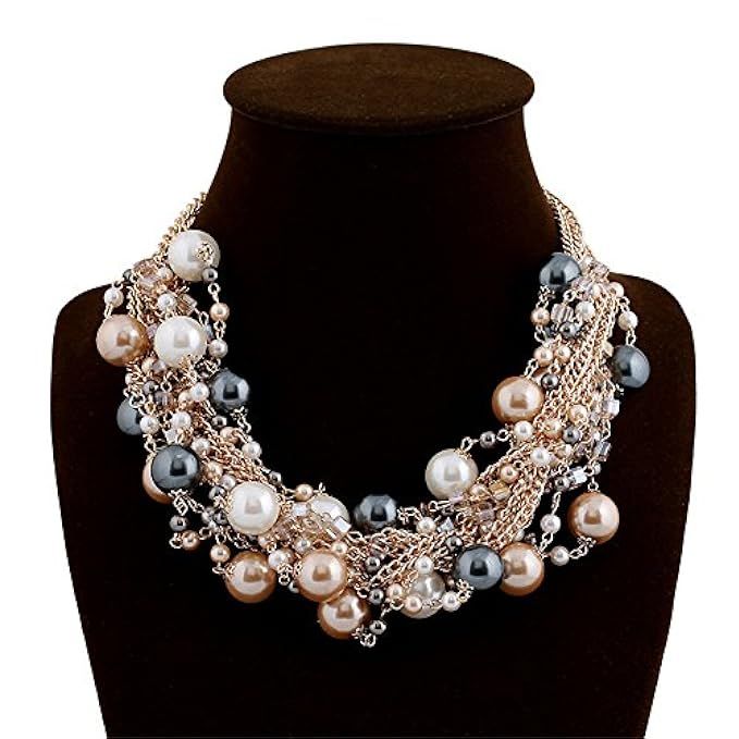 Elegant Gold Tone Faux Pearl Crystal Cluster Collar Chunky Bib Necklace | Amazon (US)