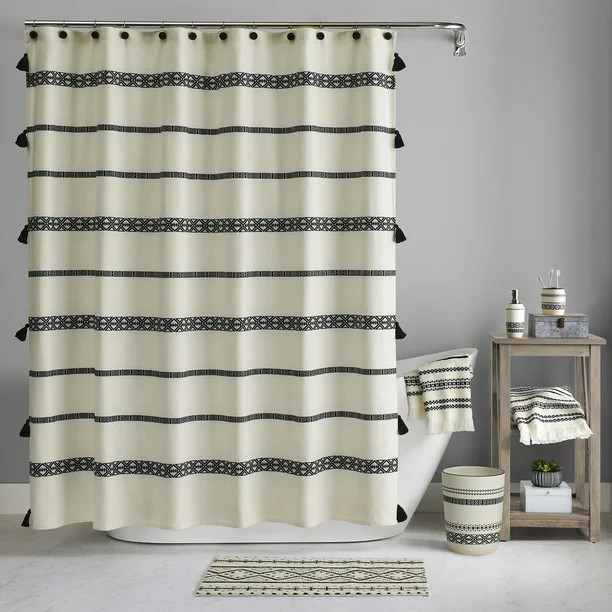 Better Homes & Gardens Boho Chic Cotton Shower Curtain, Beige, Black, 72"x72" | Walmart (US)
