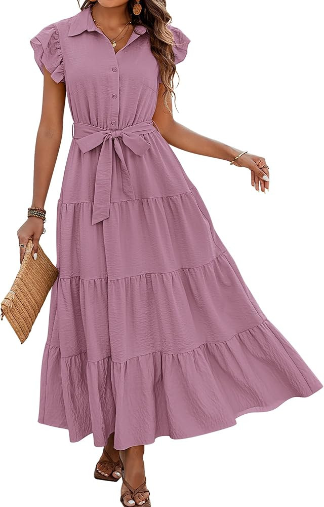 dowerme Women's Summer Casual Dresses 2025 Cap Ruffle Sleeve V Neck Button Belted Tiered Boho Max... | Amazon (US)