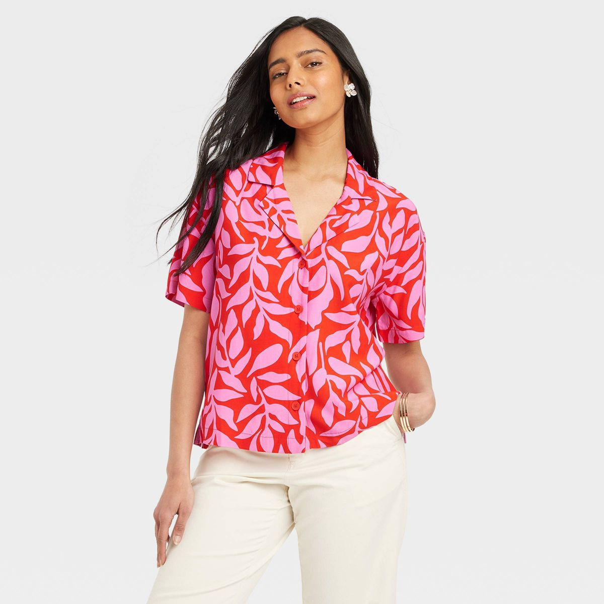 Women's Crepe Short Sleeve Button-Down Shirt - A New Day™ Pink/Red Leaf M | Target