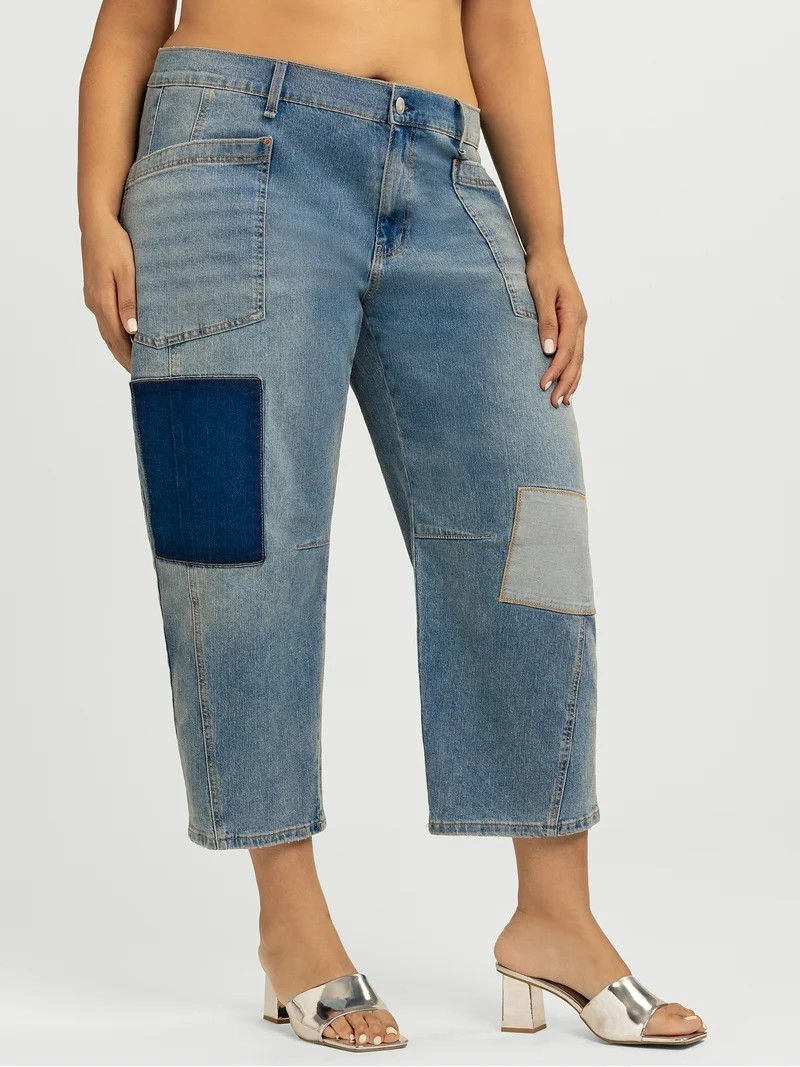 Jessica Simpson Women's and Women's Plus Cherry Cropped Patchwork Barrel Jeans, 26" Inseam, Sizes... | Walmart (US)