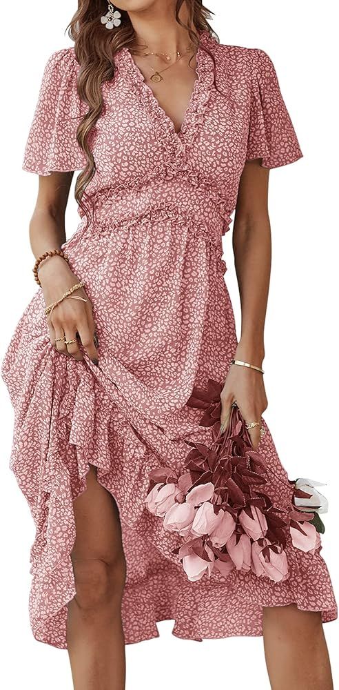 KAYWIDE Womens Summer Dress Deep V Neck Ruffle Floral Print Short Sleeve Midi Dress High Elastic ... | Amazon (US)