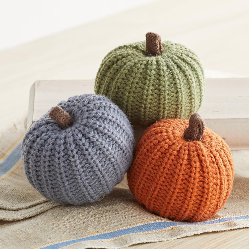Small knit pumpkins set of 3 cozy earth tone accent décor, perfect hostess gift, rustic orange g... | Amazon (US)