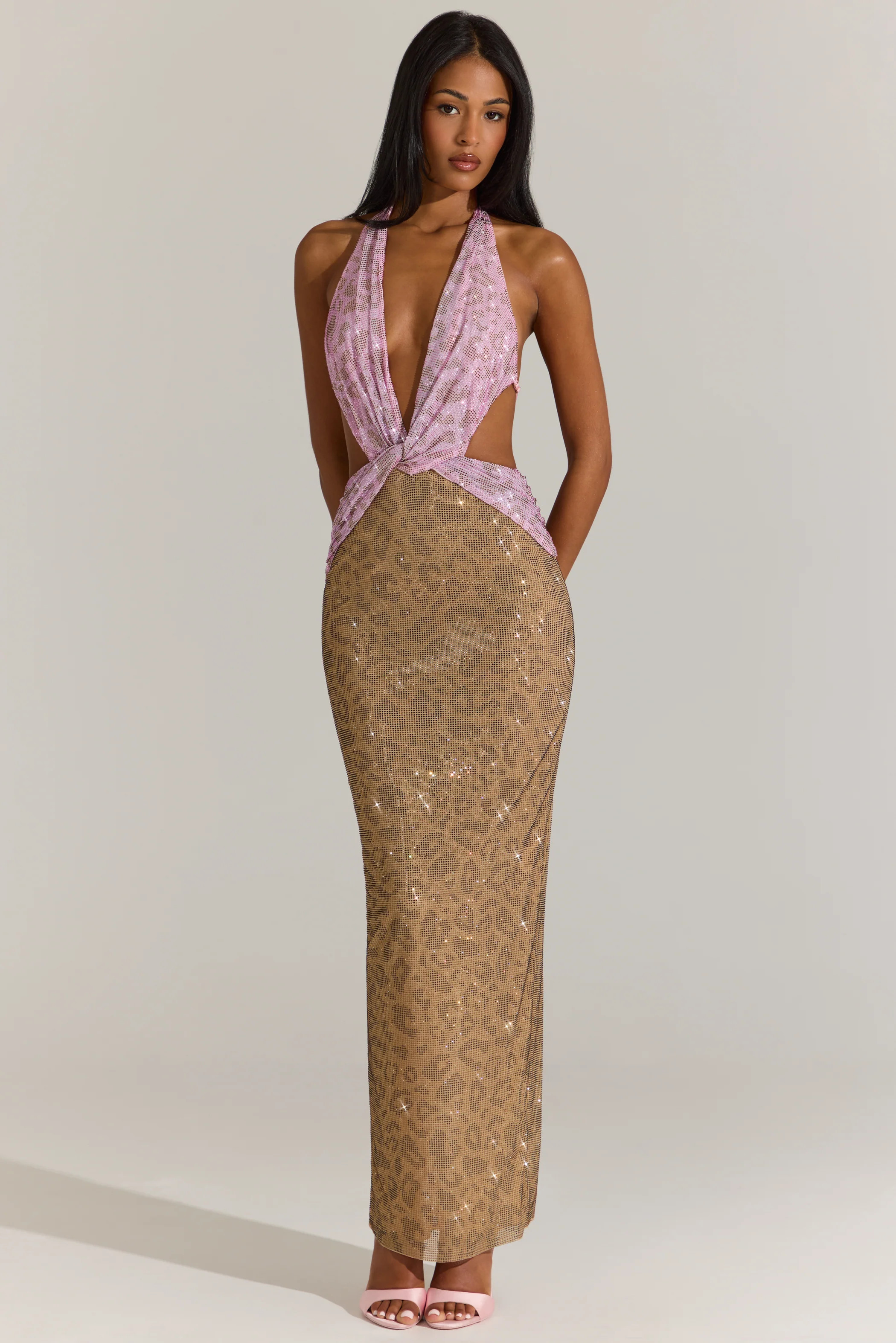 Natasha Embellished Cut-Out Maxi Dress in Pink Leopard | Oh Polly | Oh Polly