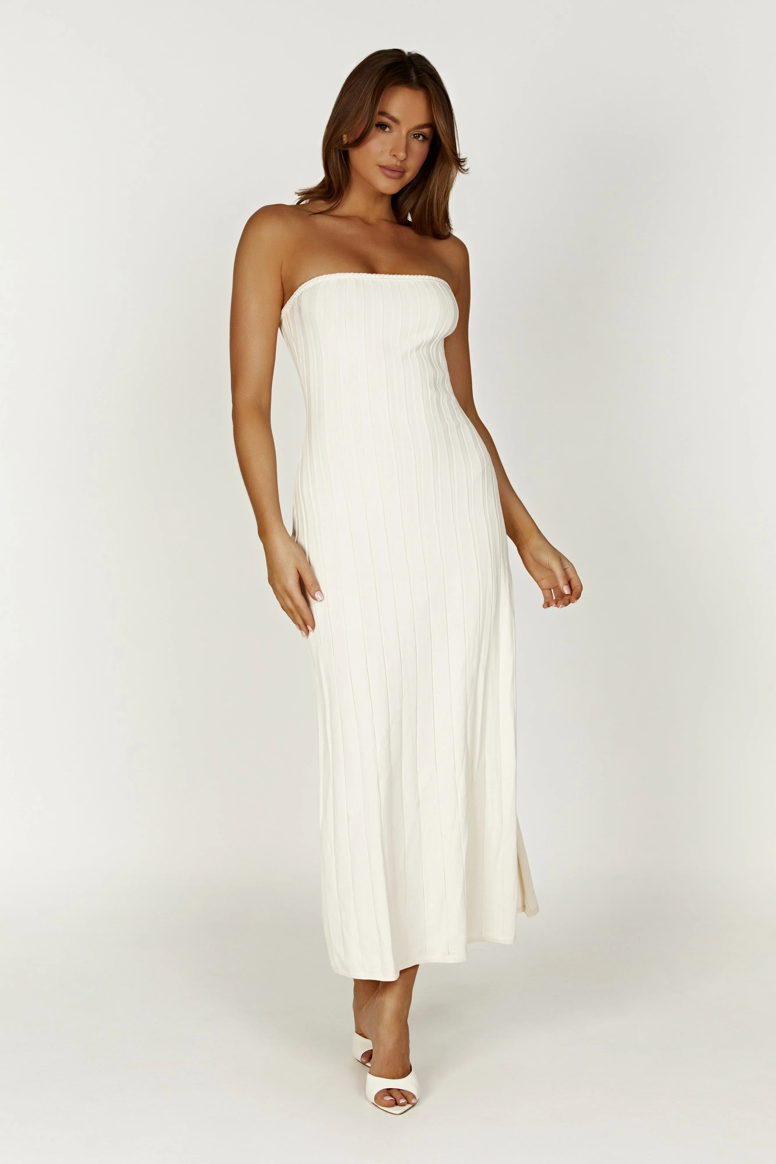 Dolce Extreme Rib Strapless Midi Dress - Ivory | MESHKI US