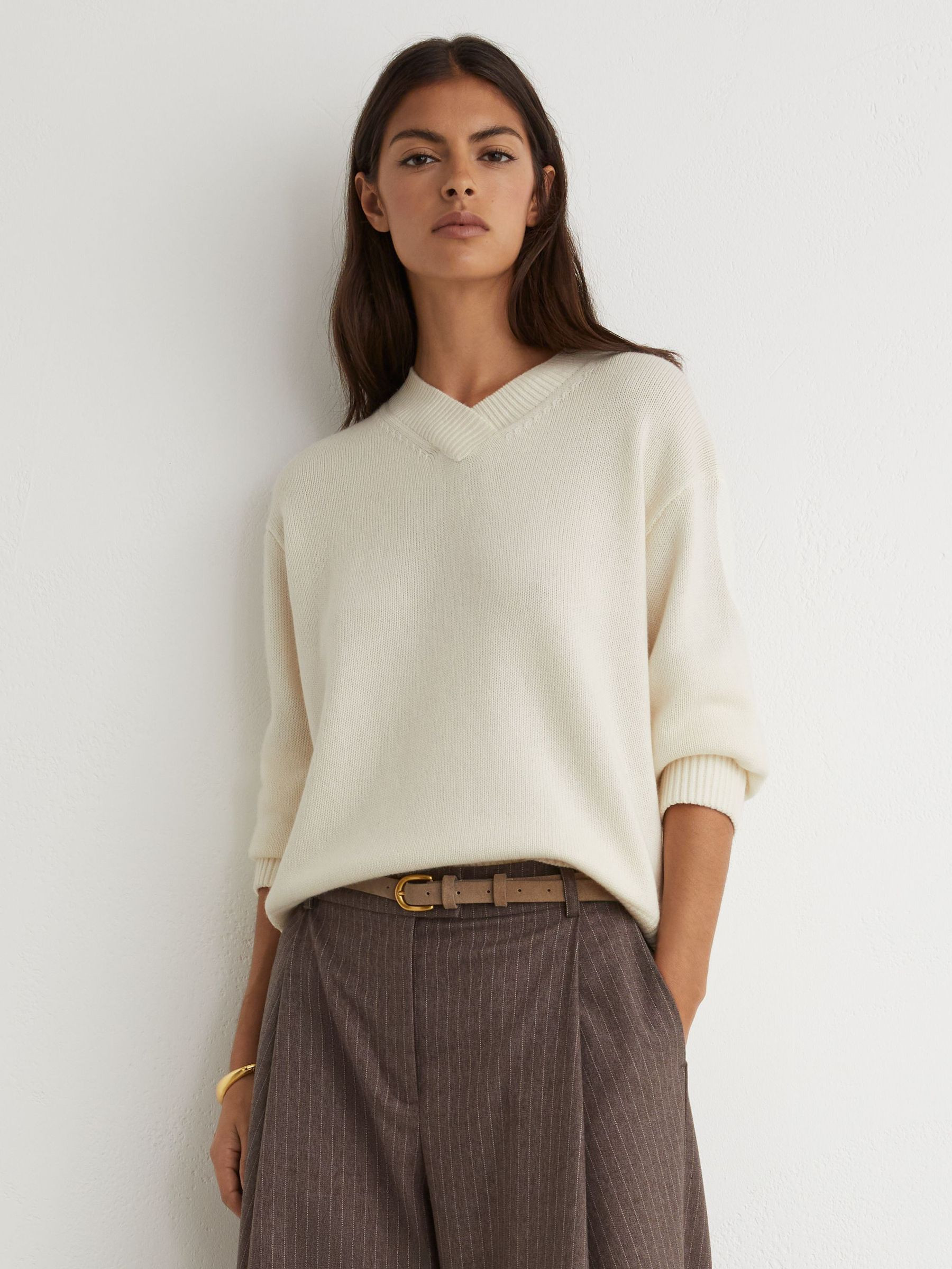 Reiss Wool-Cashmere V-Neck Jumper in Ivory - REISS | Reiss UK