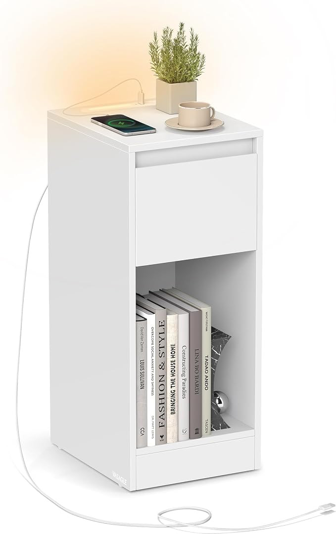 VASAGLE Slim Bedside Table with Charging Station and LED Light, Narrow Side End Table, USB Ports,... | Amazon (UK)