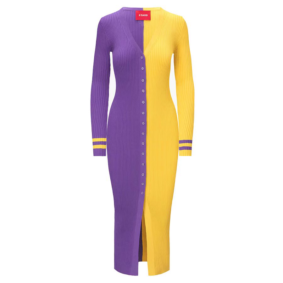 Women's Minnesota Vikings STAUD Purple/Gold Shoko Knit Button-Up Sweater Dress | NFL Shop
