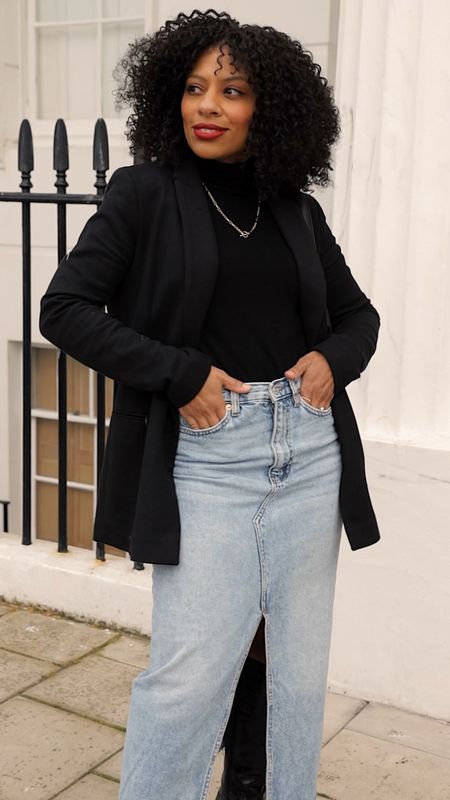Denim skirt, black blazer and black knee-high boots outfit. 

Petite fashion, petite style, winter outfit, winter outfits 

#LTKeurope #LTKstyletip #LTKSeasonal