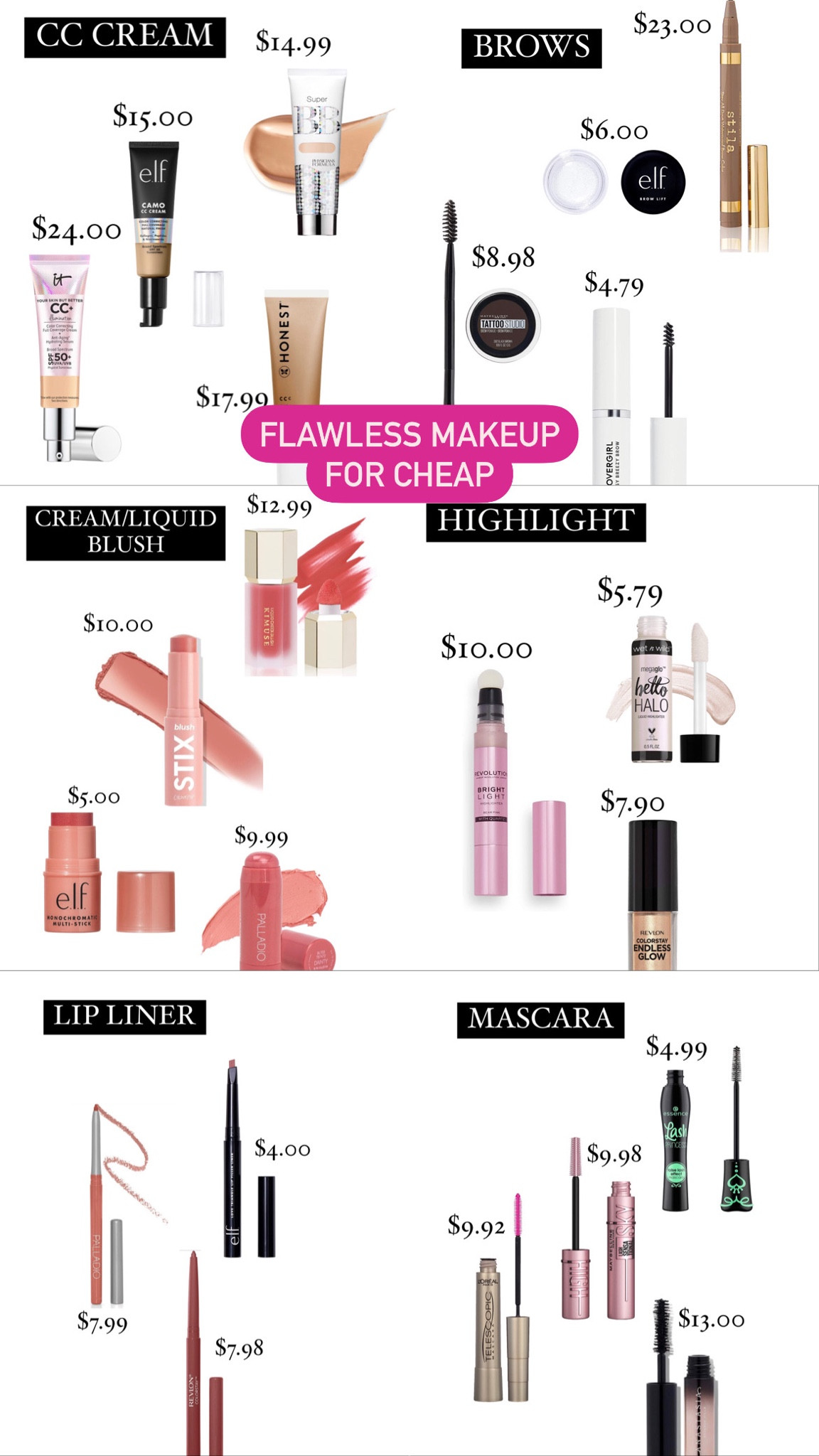 PT1 FLAWLESS MAKEUP FOR CHEAP💘
makeup dupes. cream blush. liquid highlighter. eyebrow products.
#mascara #cccream #lipliner

#LTKunder50 #LTKbeauty #LTKunder100